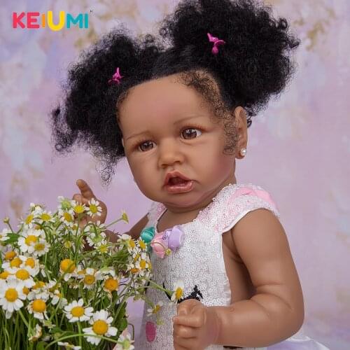 KEIUMI 23 Inch Reborn Babies Dolls Handmade Fiber Hair Black Skin Full Body Silicone Realistic Reborn Doll For Kids Toys Gifts