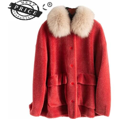 Women Winter Coat Clothes 2021 100% Real Fur Coat + Fox Fur Collar Ladies Thick Warm Wool Jacket Suede Lining Hiver Ya0a