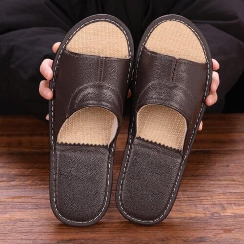 Cowhide Summer Home Linen leather slippers womens home indoor non-slip soft bottom summer sandals and slippers men 9 Colors