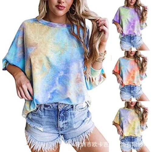 Summer T Shirt Women 2021 New Winter Outfit tie-dye 3/4 Sleeve Loose Top Female Leisure T-shirt 2021 Harajuku Tshirt OKBS003
