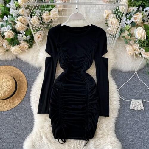 Drawstring Ruched Mini Dress Women Round Neck Hollow Out Long Sleeve Tie Tassels Casual Party Bodycon Dress 2020 Autumn Clothing
