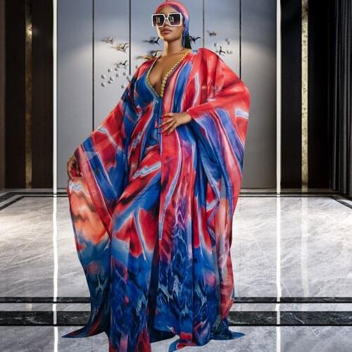 Fashion African 2 Pieces Sets 2021 High Quality Blue Red Print Sexy V-neck Soft Women Plus Size Matching Sets Ladies Party
