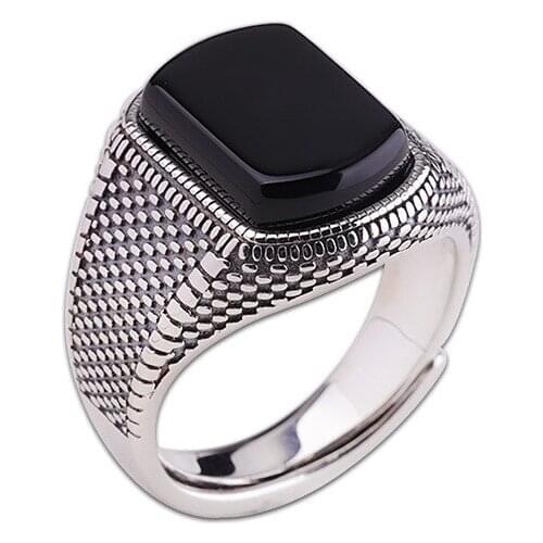 Handmade S925 Sterling Silver Open Personality Mens Black Agate Ring