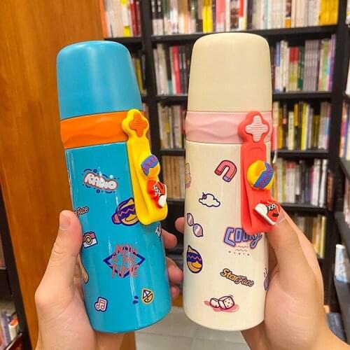 New Cute Leakproof Outdoor Student Water Bottle With Cups Trend Couples Thermos Cup Cartoon Vacuum Stainless Dteel Thermos Cup