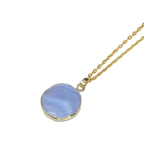 Blue Chalcedony Round Pendant chain necklace Femme Art Face Picture Marble quartz crystal stone pendant necklace for women 2019
