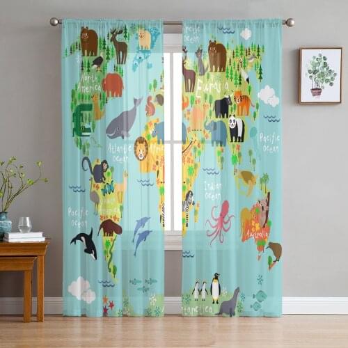 Cartoon Animal World Map Sheer Curtains for Living Room Bedroom Kitchen Tulle for Windows Voile Yarn Curtains for Bedroom