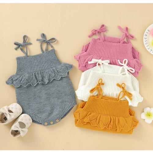 FOCUSNORM 0-18M Newborn Baby Girls Boys Knit Rompers Solid Sleeveless Belt Button Jumpsuits Outfit Autumn Winter 4 Colors