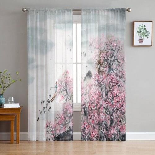 Plum Blossom Ink Painting Chinese Style Curtains Tulle For Living Room Bedroom Kitchen Chiffon Sheer Window Treatment Home Decor