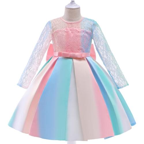 2021 Colorful Long Sleeve Kids Dresses For Girls Children Clothes Girl Party Birthday Dress Lace Wedding Princess Dress Costumes