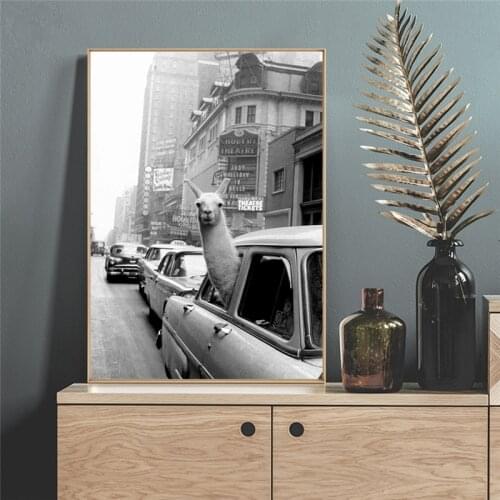 Funny Canvas Painting Alpaca Llama in a New York City Taxi Animal Prints ans Posters Wall Art Pictures for Kid Bedroom Dormitory