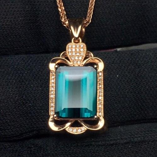 Fine Jewelry Real 18 K Natural Bluish Green Tourmaline 5.2ct Brazil Origin Diamonds Gemstone Diamond Womens Pendants Necklaces