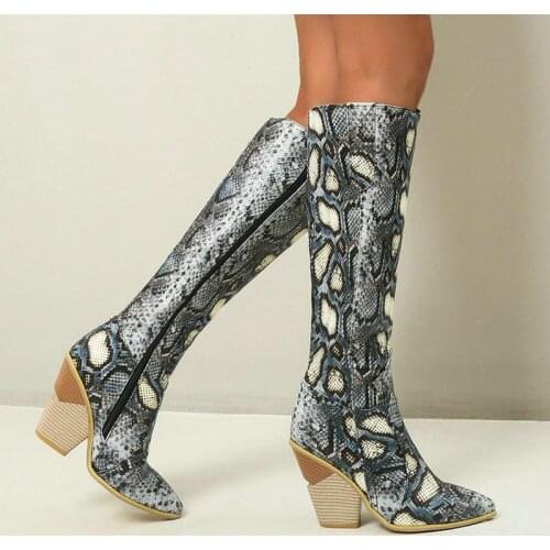 Blue Yellow Pink Women Western Boots Fashion Pointed Toe Wedges Heel Women Knee High Boots Snake Print 2020 Winter Ladies Boots