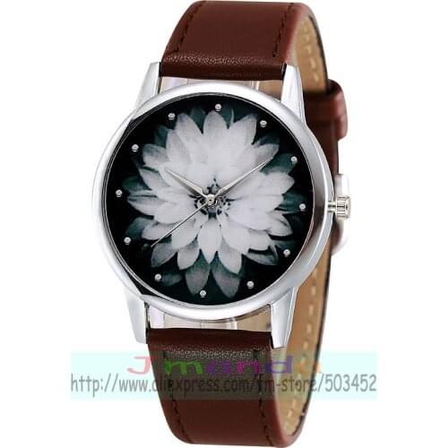 100pcs/lot fashion black white flower leather watch silver case casual watch quartz wristwatch wholesale lady flower watch