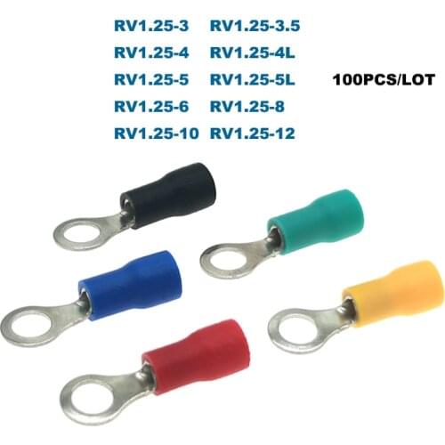 100Pcs Crimp Terminals Ring Insulated Electrical Wire Connector RV1.25-3/4/5/6/8/10/12 Cable Ferrules 0.5-1.5mm2 22-16AWG 19A