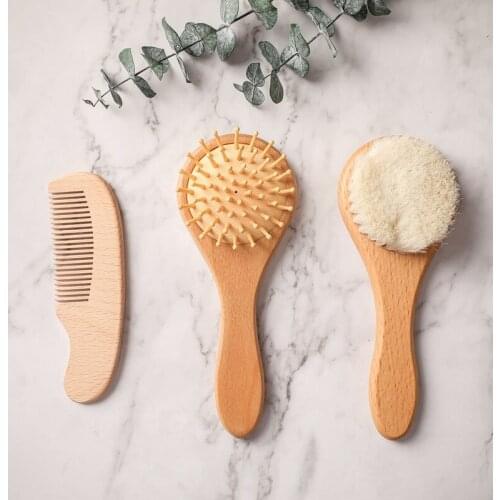 3 PCS Baby Bathing Comb Baby Care Hair Brush Pure Natural Wool Wood Comb Newborn Massager Baby Shower and Registry Gift