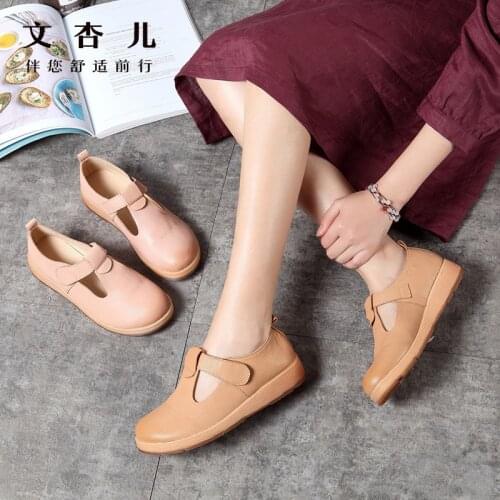 Womens Vulcanize Shoes Hook Loop Ankle strap Muffin with Women Real Leather flats Casual Female Driving Ballet Footwear