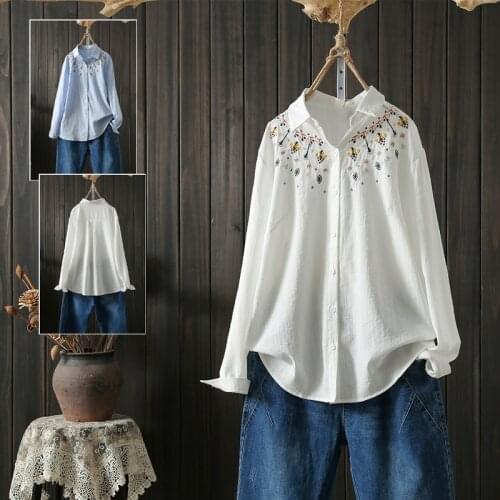 Oversized 4XL Cotton Embroidery Women Shirts Summer Vintage Turn-Down Collar Loose Casual Female Outwear Tops