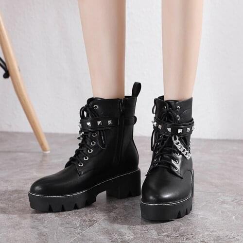 Ankle Boots Punk Style Black Waterproof platform shoes lace up boots Cross-tied Autumn Winter Boots Thick bottom LJB242