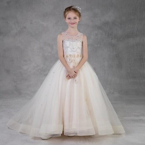 Big Girls Lace Flower Girl Dresses For Weddings White Long Tulle Ball Gown Patchwork Crystyle Flower Girl Dress