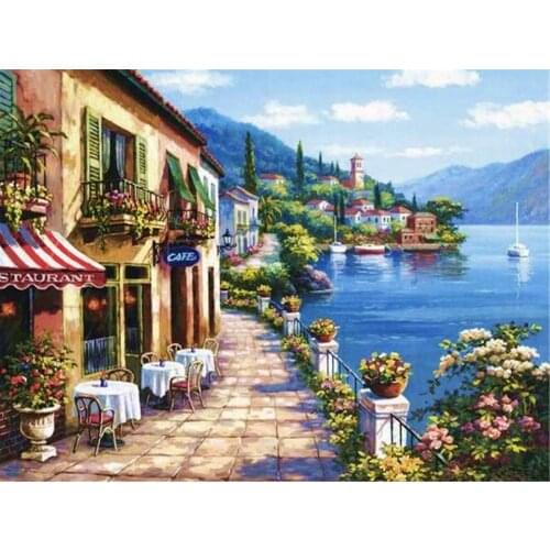Landscape Town Seaside DIY 11CT Embroidery Cross Stitch Kits Craft Needlework Set Printed Canvas Cotton Thread Dropshipping
