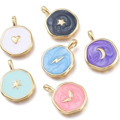 10PCS Brass Enamel Pendants Charms Flat Round with Moon Pattern for Jewelry Making DIY Bracelet Necklace 18.5x14x2mm