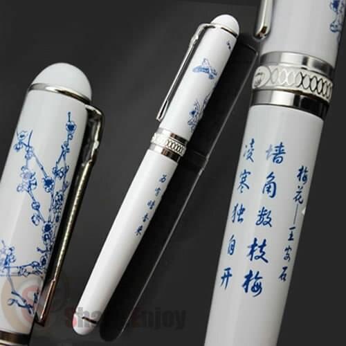 DUKE D2 FOUNTAIN PEN PEN WHITE AND SILVER PLUM BLOSSOM 0.7mm BROAD NIB ORIGINAL BOX