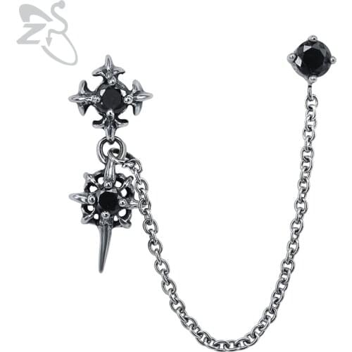ZS Double Cross Punk Chain Tassel Stud Earrings for Men Gothic Rock Ear Piercing Jewelry Male Biker CZ Zirconia Earrings Jewelry
