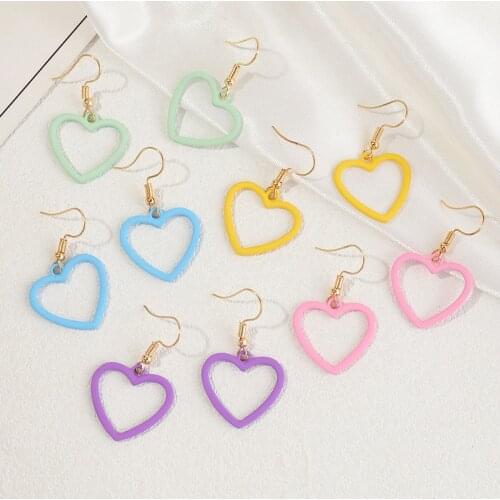 Korean Fashion Colorful Purple Heart Dangle Earrings for Women Pink Simple Cute Cool Pendant Funny Woman Earring Trendy Jewelry