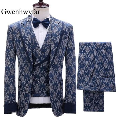 Gwenhwyfar Court Pattern Tuxedos Mens 2021 Luxury Party Blazer Peak lapel with Line Double Breasted Vest Slim Fit Pants 3 Piece