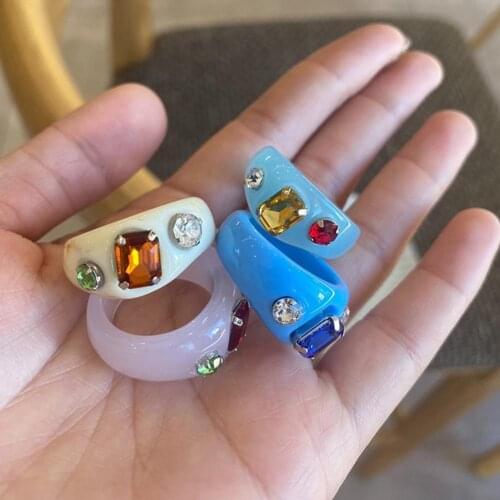 Korean Fashion Colourful Acrylic Resin Rhinestone Geometric Square Round Rings Set For Women Party Jewelry 2021 Female Rings