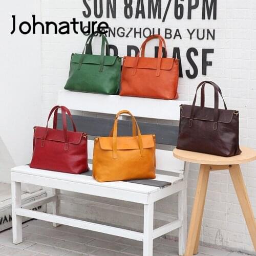 Johnature 2021 New Simple Genuine Leather Women Handbag Versatile Solid Color Large Capacity Nature Cowhide Shoulder Bags