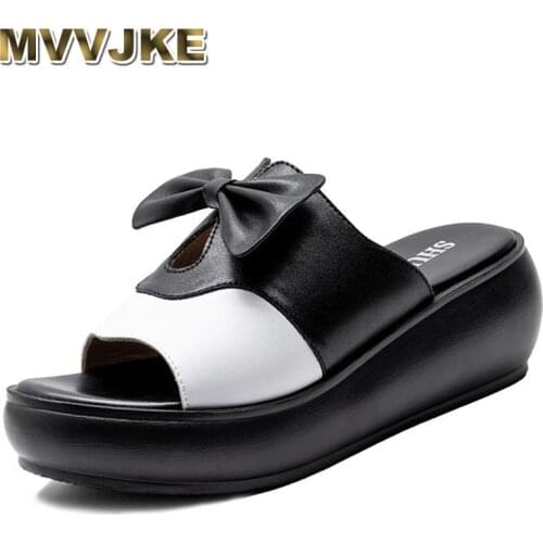MVVJKE Sandals Women Genuine Leather Shoes Wedges Heels Slippers Woman Platform Summer Shoes Butterfly-knot Woman Flip Flops