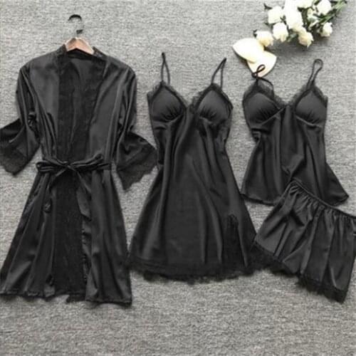 Women Sexy Pajamas Set 4 Pieces Solid Lace Satin Straps Silk Nightwear Dressing Gowns Ladies Sleepwear Nightgown With Chest Pads