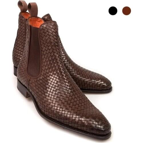 Winter Mens Boots Shoes Work Boots Genuine Leather Hand Woven Fashion Designer Shoes Men High-top Add Velvet