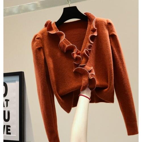 Winter Sweater for Women Slim Fit Top Fashion Elegant Wooden Ear Bright Silk Short Long-Sleeved Sweaters Womans Cardigans Coat