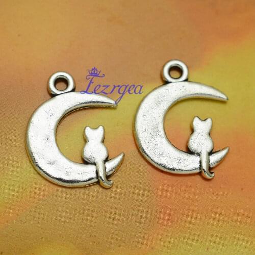 25pcs/lot--22x18mm, Antique silver plated moon and cat charms,DIY supplies,Jewelry accessories