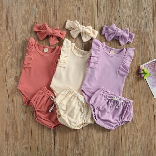 3Pcs Infant Baby Girls Clothes Sets Outfit Summer Breathable Solid Round Collar Lace Sleeveless Romper + Shorts +Headband