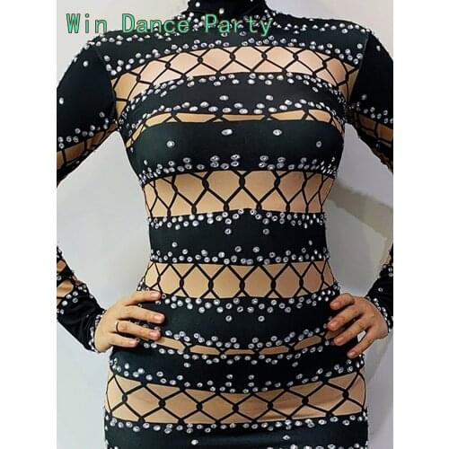 Black Fleshcolor Rhinestone Dresses female singer Dj host gogo red mesh transparent skirt evening dress stage costume