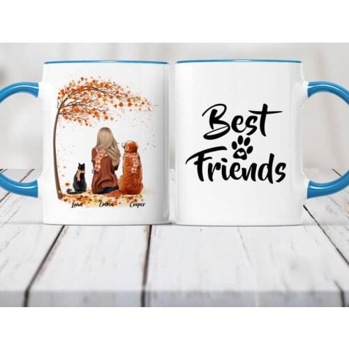 Girl and Cat Dog Autumn Tree Personalized Mug best friend Coffee Cups Gift Dogs Cats Lovers DIY RR2041