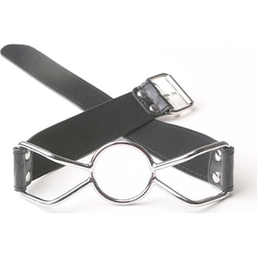 Leather sex toys Ring Gag Flirting Open Mouth with O-Ring during sexual bondage BDSM roleplay and adult erotic play for couples