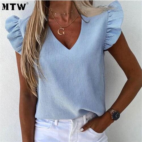 Summer Women Ruffle Blouse Shirt Elegant Stripe Print Office Tops 2020 Casual V-Neck Short Sleeve Shirts Plus Size