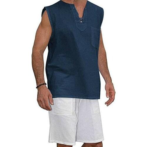 2019 New Fashion Summer Mens Linen V-neck Shirt Sleeveless Loose Tank Tops Casual Solid Tee Costume Plus Szie