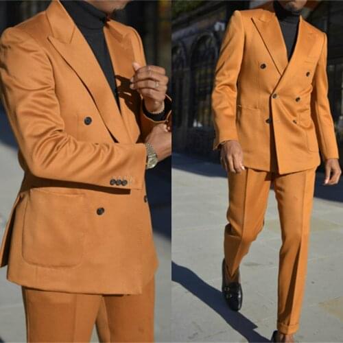 Orange Double Breasted Mens Suits Evening Party Wear Two Pieces Formal Occasion Peaked Lapel Coat+Pant Jacket Wedding Tuxedos