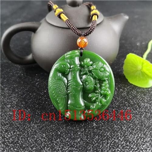 Natural Green Chinese Parrot Carved Jade Pendant Flower Necklace Charm Jewellery Fashion Lucky Amulet Gifts for Women Man