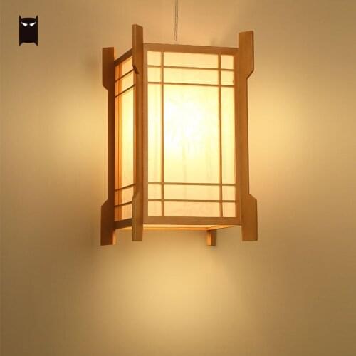 Oak Wood Small Square Pendant Light Fixture Japanese Korean Style Hanging Ceiling Lamp for Tatami Restaurant Room E27 E26 Bulb
