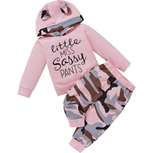 New Children Camouflage Clothes Set, Girls Letter Print Long Sleeve Hooded Tops + Elastic Waist Trousers