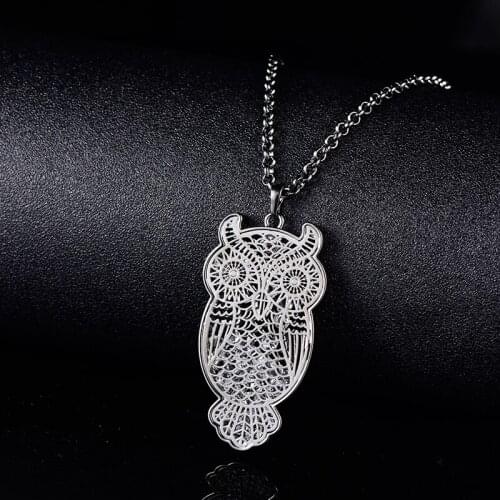 Silver Color Big Owl Pendant Necklace Cute Animal Hollow Charm Long Necklace for Women Vintage Jewelry Collar mujer Gifts 2020