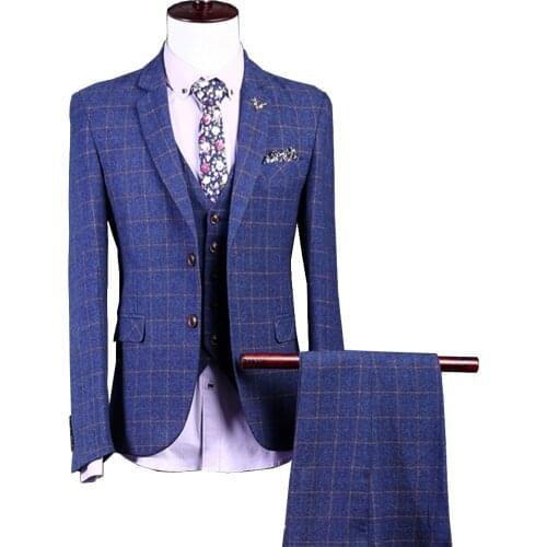 Jacket + Vest + Pants ) Mens Casual Three-piece Suit Business Fashion Plaid blue Slim Suit Coat S-5XL custom suit