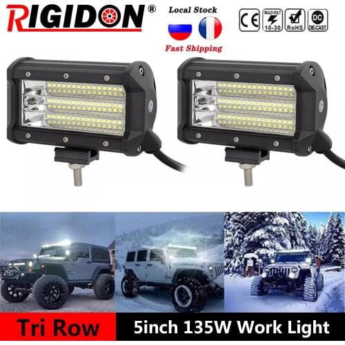 RIGIDON 2PCS 3-Row 5INCH 135W Flood Light LED Work Light 12V 24V Car Offroad 4x4WD Truck SUV UTE ATV Car Driving Light