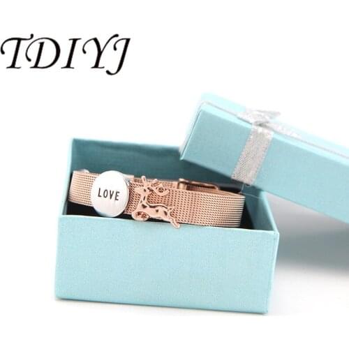 TDIYJ Christmas Gift Box Love Deer Charms DIY Stainless Steel Rose Gold Charm Bracelet For Women Jewelry 1Set